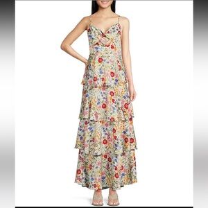 Skies are Blue White-Red Floral Tiered Maxi Dress Size XL